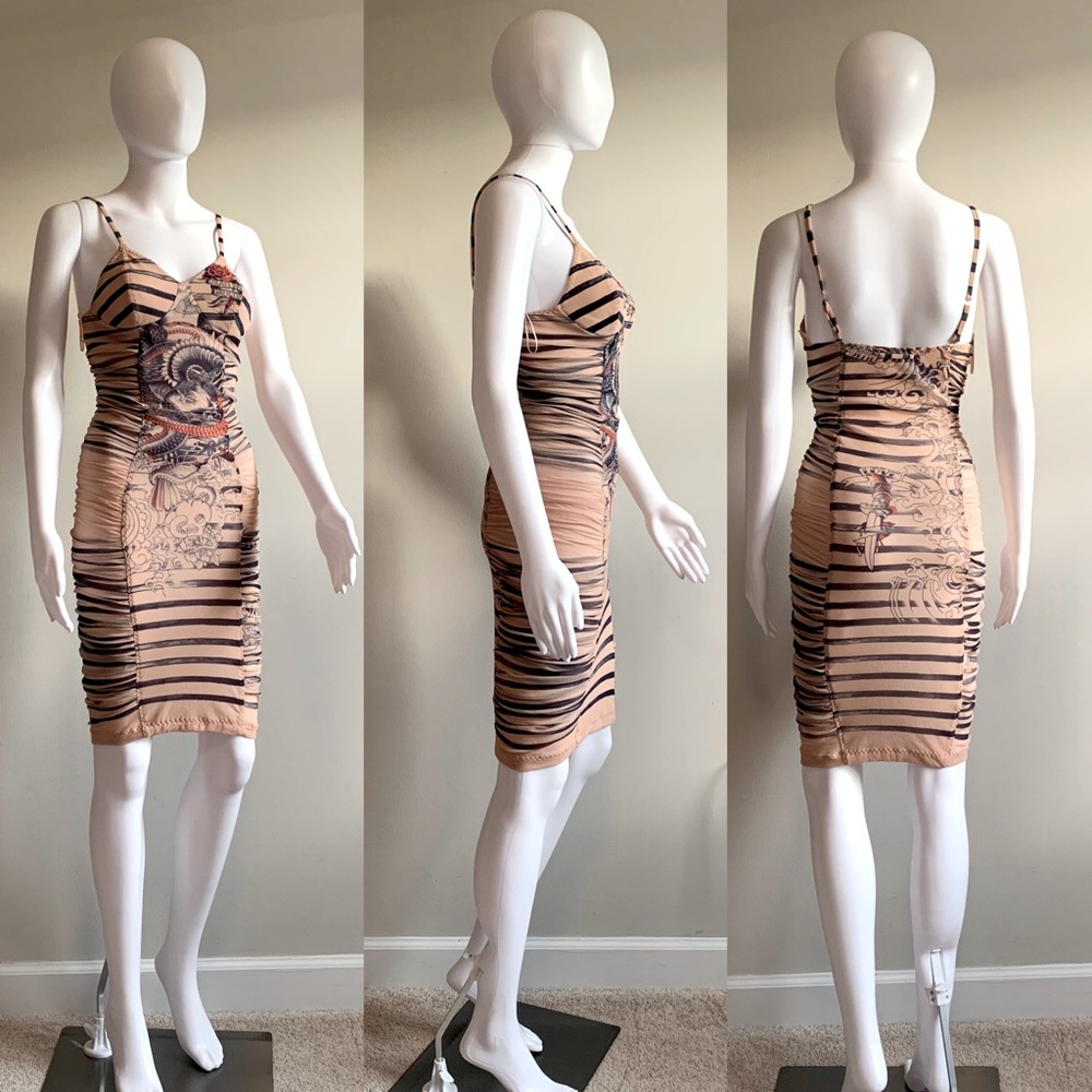 Jean Paul Gaultier Soleil Tattoo Print Semi-Sheer Mesh Ruched Bodycon Dress